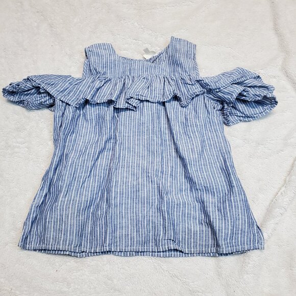 J. Crew Blue White Striped Ruffle Romantic Linen Blend Cold Shoulder Shirt Top 4 - Picture 1 of 6